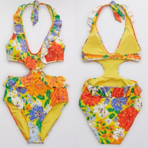aerie Other - NWOT Aerie Floral Ruffle Halter Cut Out One Piece Swimsuit Size L